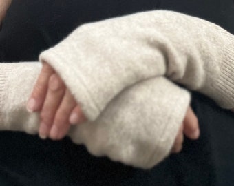 Beige Cashmere Fingerless Gloves (with THUMBS)/Wristwarmers made from up cycled knitwear