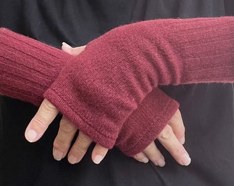 Raspberry Pink 100% Pure Cashmere, felted deep ribbed Fingerless Gloves, Wrist Warmers, Repurposed Knitwear