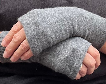 Dark  Grey Pure 100% Cashmere Fingerless Gloves/Wrist warmers from recycled knitwear, repurposed sweater, sustainable fashion