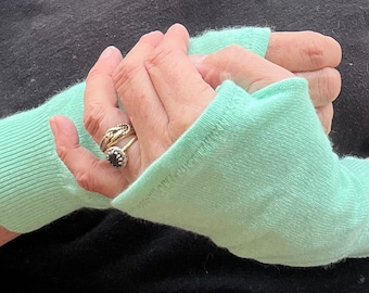 Short Mint Green Cashmere/Silk Wrist warmers, arm warmers, up cycled sweaters