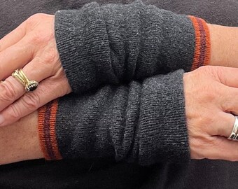 Short Black Wool Fingerless Gloves/Wristwarmers made from up cycled knitwear