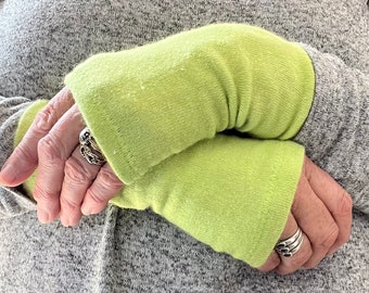 Soft Acid Green  100% Cashmere Fingerless Gloves/Wristwarmers made from up cycled repurposed knitwear