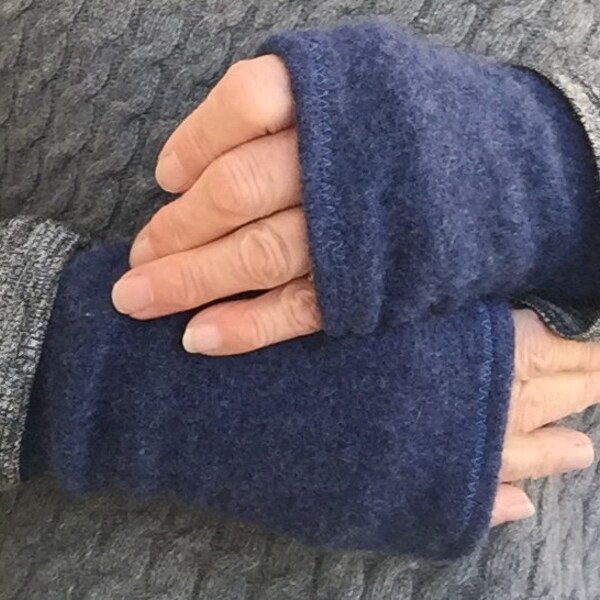 Denim Blue  100% Cashmere Fingerless Gloves, Wrist warmers, repurposed knitwear