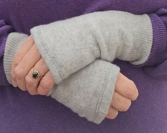 Grey 100% Cashmere Fingerless Gloves, Wrist warmers made from repurposed knitwear