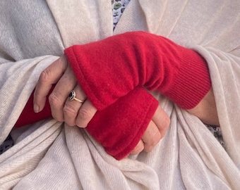 Rich Red 100% Cashmere Fingerless Gloves/Wrist warmers ,Upcycled knitwear  Ready to Ship