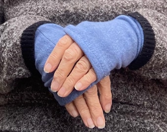 Large Unisex Blue  Cashmere Silk Fingerless Gloves/Wrist warmers from up cycled knitwear