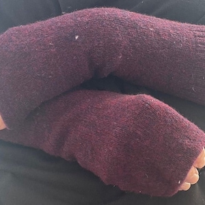 Handmade Wool Fingerless Gloves, Arm Warmers, Wrist Warmers. Extra Long,Thick, Burgundy, Up-cycled  from repurposed knitwear