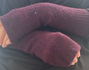 Thick long Red Wool Fingerless Gloves, wrist warmers from repurposed knitwear