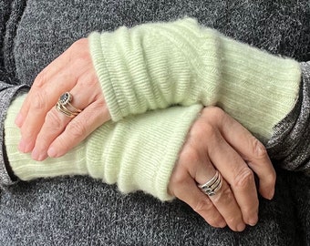 Soft Green 100% Cashmere Fingerless Gloves/Wristwarmers made from up cycled knitwear