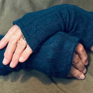 Dark Petrol Cashmere Cabled Fingerless Gloves/Wrist warmers , upcycled sweaters, sustainable fashion.