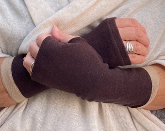 Chocolate Brown, camel trimmedCashmere Silk Fingerless Gloves/Wrist warmers - Up cycled hand warmers