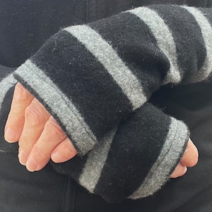 Black and White Striped  Cashmere Felted  Fingerless Gloves with thumbs, Wrist warmers, repurposed knitwear, Handmade