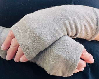 Dark Beige Cashmere Silk Fingerless Gloves/Wrist warmers (with thumbs)