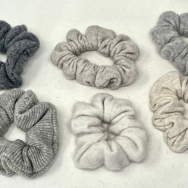 Cashmere  and Cashmere Silk Scrunchies, Hair Ties, Recycled knitwear, handmade, sustainable, eco friendly.