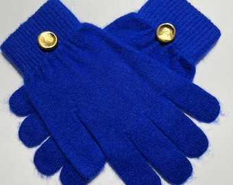 Cashmere Winter Gloves , Azure Blue , Vintage Trimmed