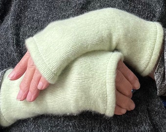 Soft Green 100% Cashmere Fingerless Gloves/Wristwarmers made from up cycled knitwear