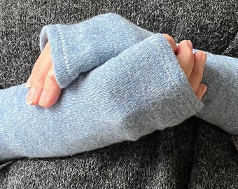 Cornflower blue 100% Cashmere felted Fingerless Gloves/Wristwarmers made from up cycled knitwear
