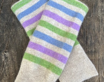 Beige rainbow Striped 100% Cashmere Fingerless Gloves/Wrist warmers made from up cycled knitwear