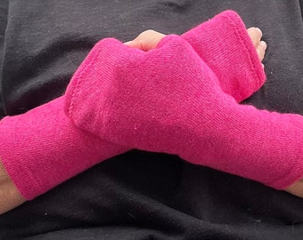 Longs gants/chauffe-poignets sans doigts en cachemire rose fuchsia et en soie, tricots cyclistes