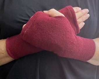 Wine, Burgundy  felted Cashmere Fingerless Gloves/Wrist warmers made from up cycled knitwear