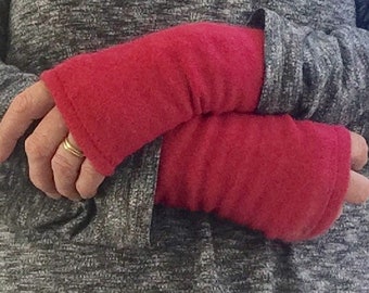 Coral Pink 100% Cashmere Fingerless Gloves, Wrist warmers made from repurposed knitwear