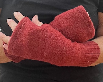 Terracotta Felted Wool Fingerless Gloves/Wrist warmers from up cycled knitwear