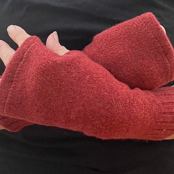 Terracotta Felted Wool Fingerless Gloves/Wrist warmers from up cycled knitwear