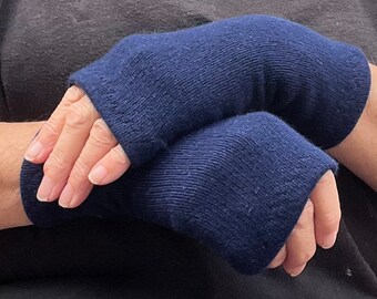 Navy Blue Cashmere and wool Fingerless Gloves, wrist warmers, arm warmers upcycled knitwear