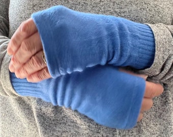 China Blue  100% Cashmere Fingerless Gloves/Wristwarmers made from up cycled repurposed knitwear