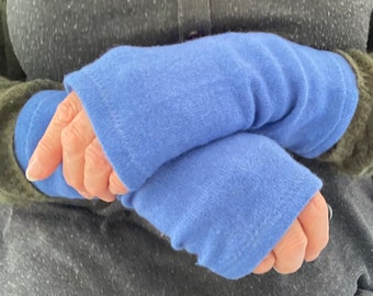 China Blue Cashmere Silk Fingerless Gloves/Wrist warmers from recycled knitwear, repurposed sweater, handmade, sustainable fashion