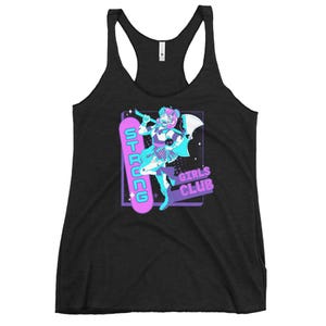 May include: Black racerback tank top featuring a graphic of a cartoon character with an axe and fan, with the words "STRONG GIRLS CLUB" in a purple and teal design. The tank top is made of a soft, comfortable material.