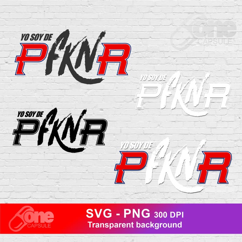 May include: Four digital designs featuring the text "YO SOY DE" and "PFKNR" in a bold, black and white, and red font. The designs are on a white brick background.