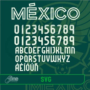 May include: A green and white font design with the word "MEXICO" in large letters at the top. The font includes numbers 0-9, letters A-Z, and accented letters. The font is outlined in white and has a bold, blocky style. The word "SVG" is in the bottom center of the image.
