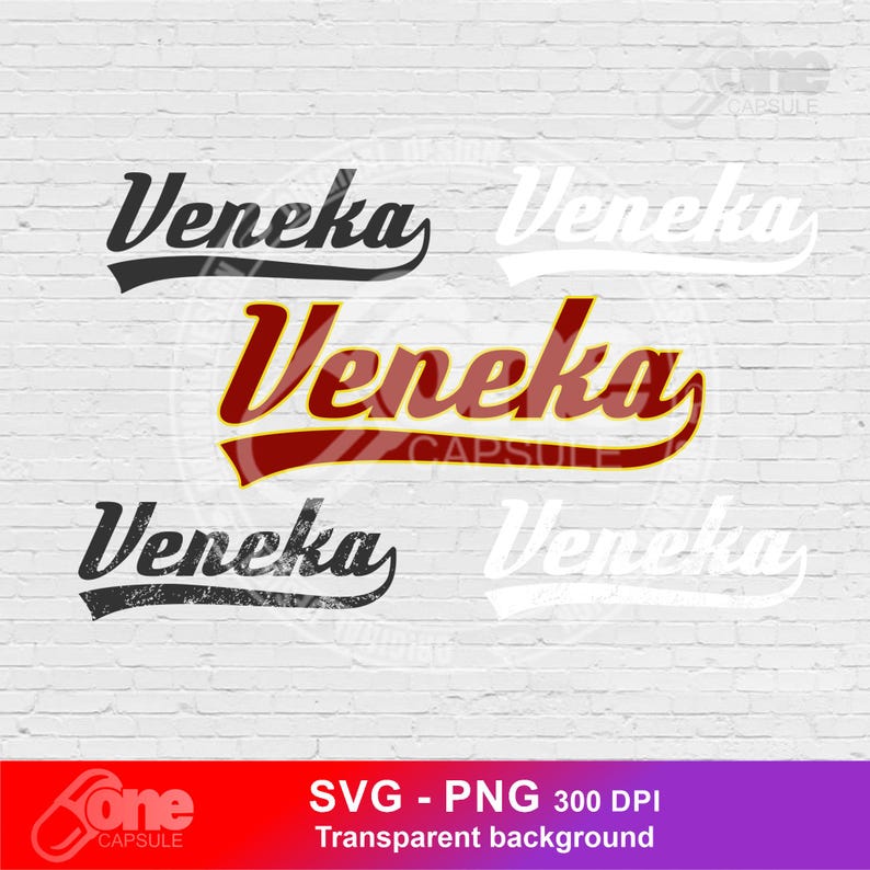 May include: Four variations of the name "Veneka" in a vintage, retro style font. The name is in black, white, red, and distressed black. The background is a white brick wall.
