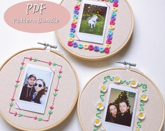 May include: Three embroidery hoops displaying photos, each surrounded by colourful stitched patterns. One features a rainbow of flowers, another has pink and green leaves, and the third has white daisies. The text "PDF Pattern Bundle" is in a pink oval.
