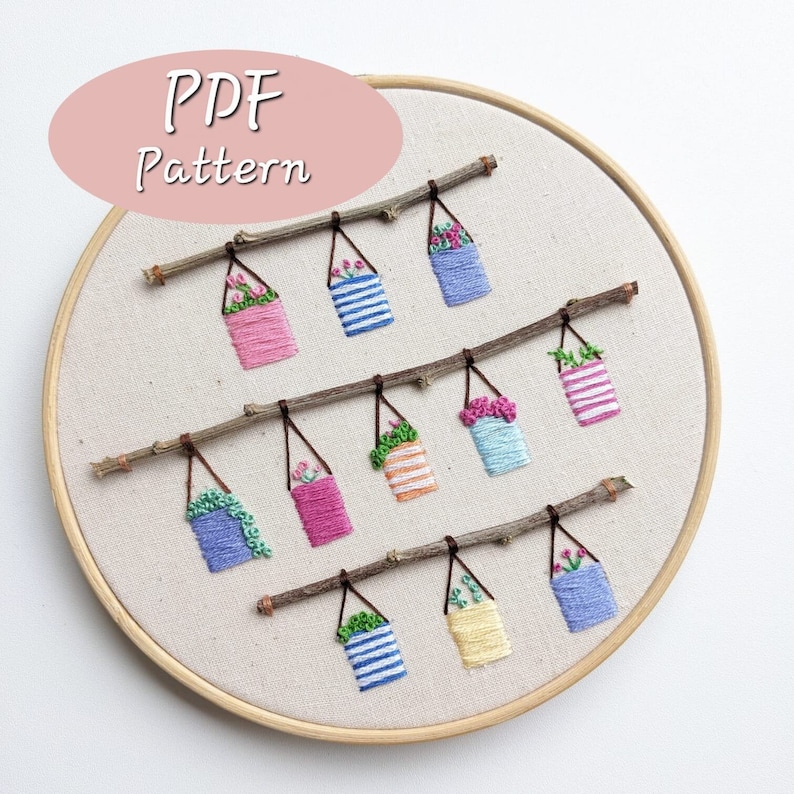 Hanging Floral Baskets Embroidery Pattern PDF Download, Hand Embroidery ...