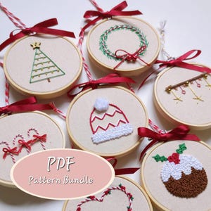 May include: A set of 8 embroidery patterns for Christmas decorations. The patterns include a Christmas tree, wreath, candy canes, a stocking cap, a pudding, a heart, a bell, and a star. The patterns are available as a PDF download.