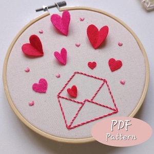 Descargar patrón de bordado de sobre con carta de amor de San Valentín en formato PDF, bordado a mano, bordado para principiantes