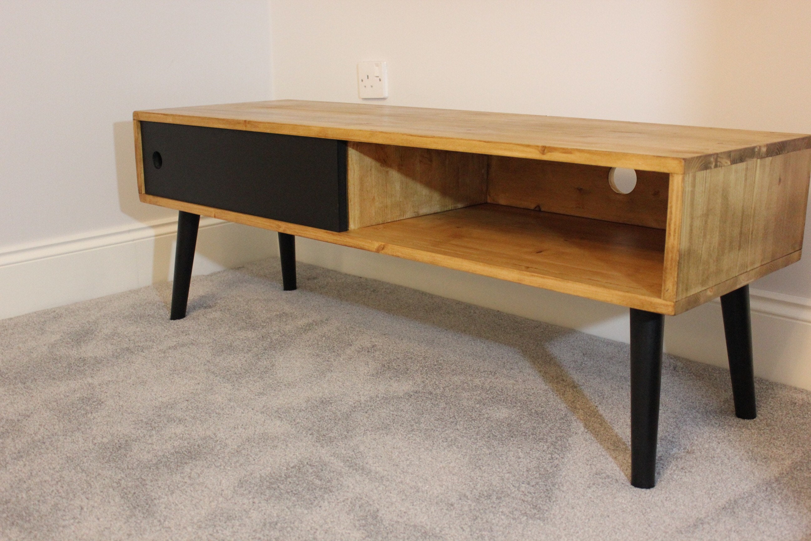 Retro TV Unit With Sliding Door Mid Century Modern Stand Etsy UK