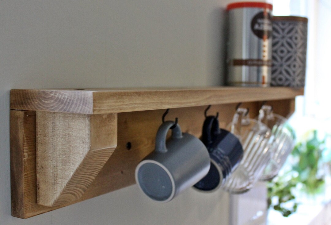 Rustic Kitchen Wall Shelf With Hooks Mugs Mug Shelves Waxed Etsy