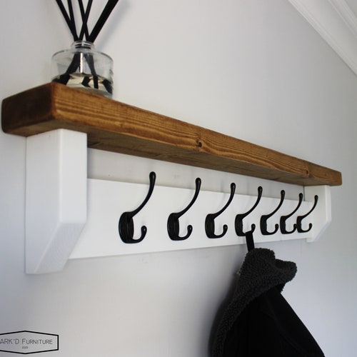 Grey Coat Rack Shelf With Hooks Wall Mounted Rustic Shelf Etsy UK