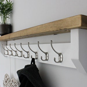 White Coat Rack shelf with Silver Chrome hooks, Wall mounted, Rustic shelf, painted, shelves, Hooks for wall, Coat Stand, FREE UK Delivery