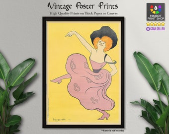 May include: Vintage poster print featuring a woman in a pink dress and a black hat, dancing on a yellow background. The poster is titled "Magpiells..." and is available as a high-quality print on thick paper or canvas.
