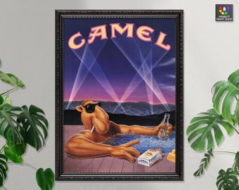 Camel Cigarette Advert - Joe Camel relaxing in the pool - 1990 Vintage Advertising Poster - Art Print - Wall Decor