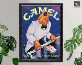 Camel Cigarette Advert - Joe Camel playing piano - 1990 Vintage Advertising Poster - Art Print - Wall Decor