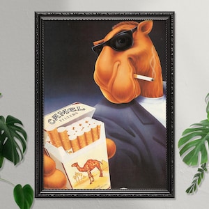 Camel Cigarette Advert - Joe Camel holding cigarettes - 1990 Vintage Advertising Poster - Art Print - Wall Decor