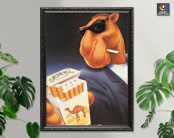 joe camel cigarette ads Camel Cigarette Advert - Joe Camel holding cigarettes - 1990 Vintage  Advertising Poster - Art Print