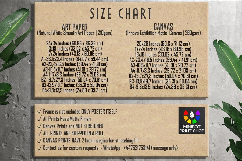 May include: Size chart for art prints and canvas prints. The chart lists different sizes in inches and centimeters, including 24x34 inches (60.96 x 86.36 cm), 13x18 inches (33.02 x 45.72 cm), and 20x28 inches (50.8 x 71.12 cm). The chart also includes information about the paper and canvas used, such as natural white smooth art paper and Innova Exhibition Matte Canvas. The chart also states that frames are not included, prints have a matte finish, canvas prints are not stretched, all prints are shipped in a roll, and canvas prints have 2 inch margins for stretching. The chart also includes a contact number for custom requests.