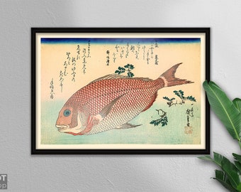 日本の木版画：鯛の魚の絵 - 紙またはキャンバス - Etsy 日本