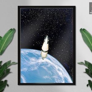 May include: A black and white photograph of a rocket ship in space, with the Earth visible in the background. The rocket ship is pointed towards the Earth, and the stars are visible in the background.